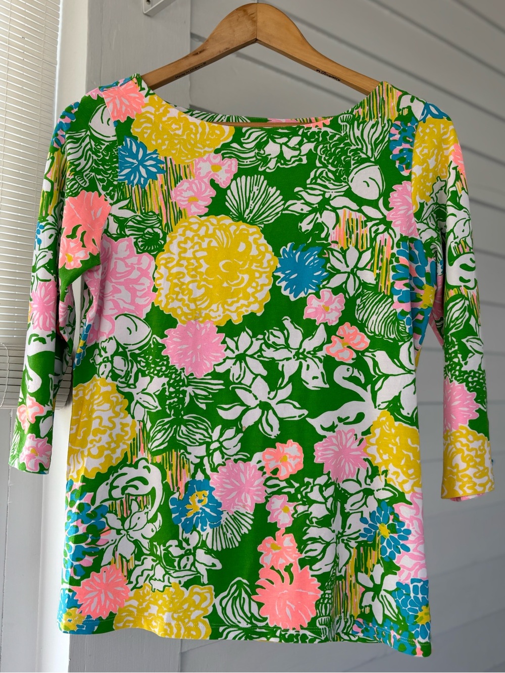 Lilly Pulitzer Green Floral Boatneck 3/4 Sleeve Top